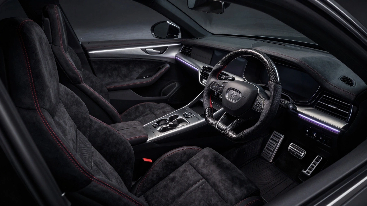 Luxury car interior with Alcantara seats and LED ambient lighting