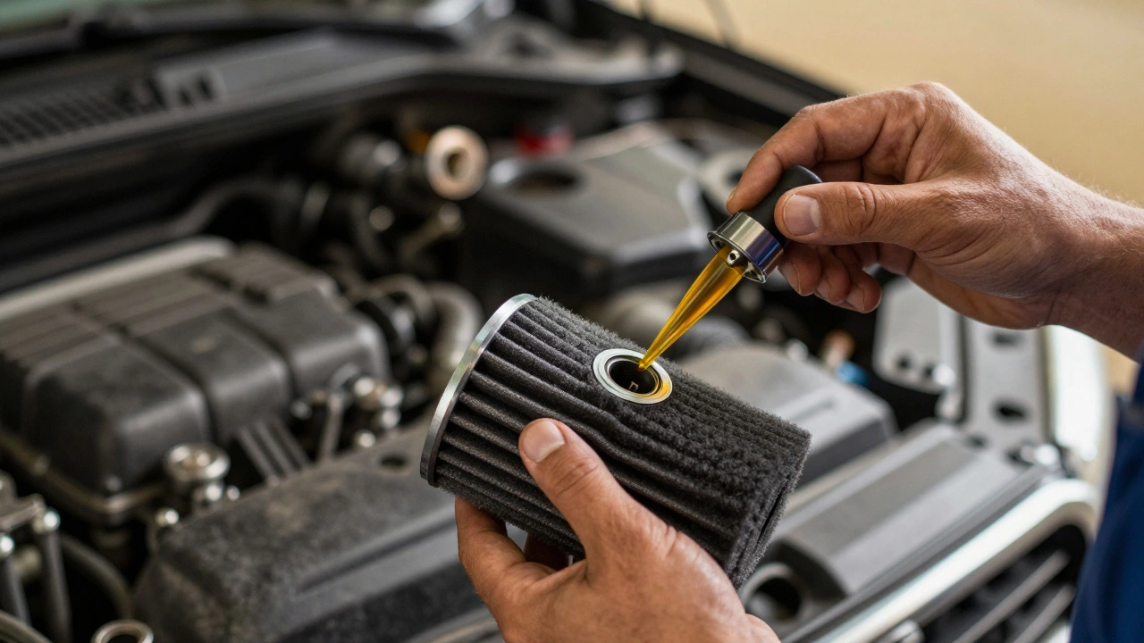 Mechanic applying oil to a reusable performance air filter in a garage