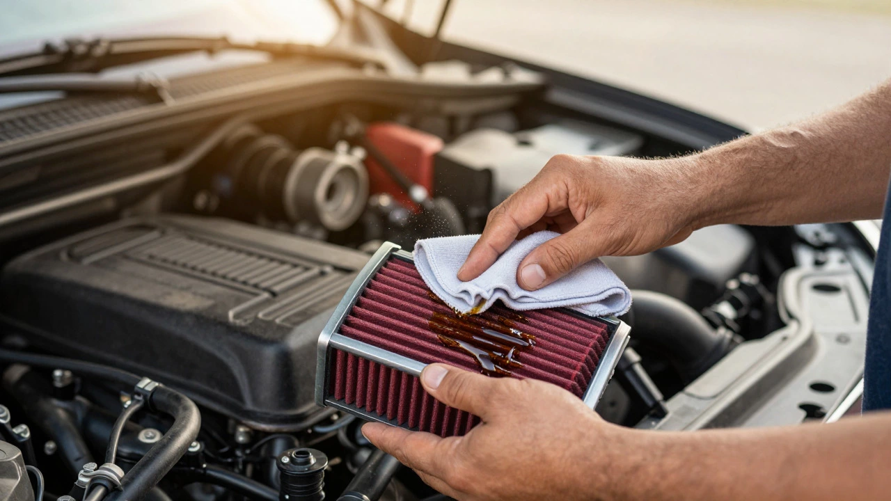 Mechanic cleaning excess oil from a red performance air filter in engine bay
