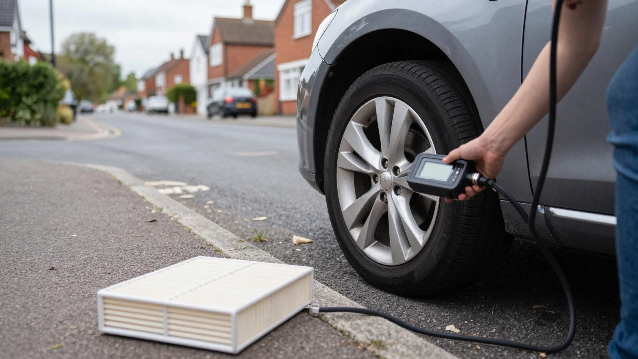 Person checking tire pressure on a car with an air filter nearby on the ground