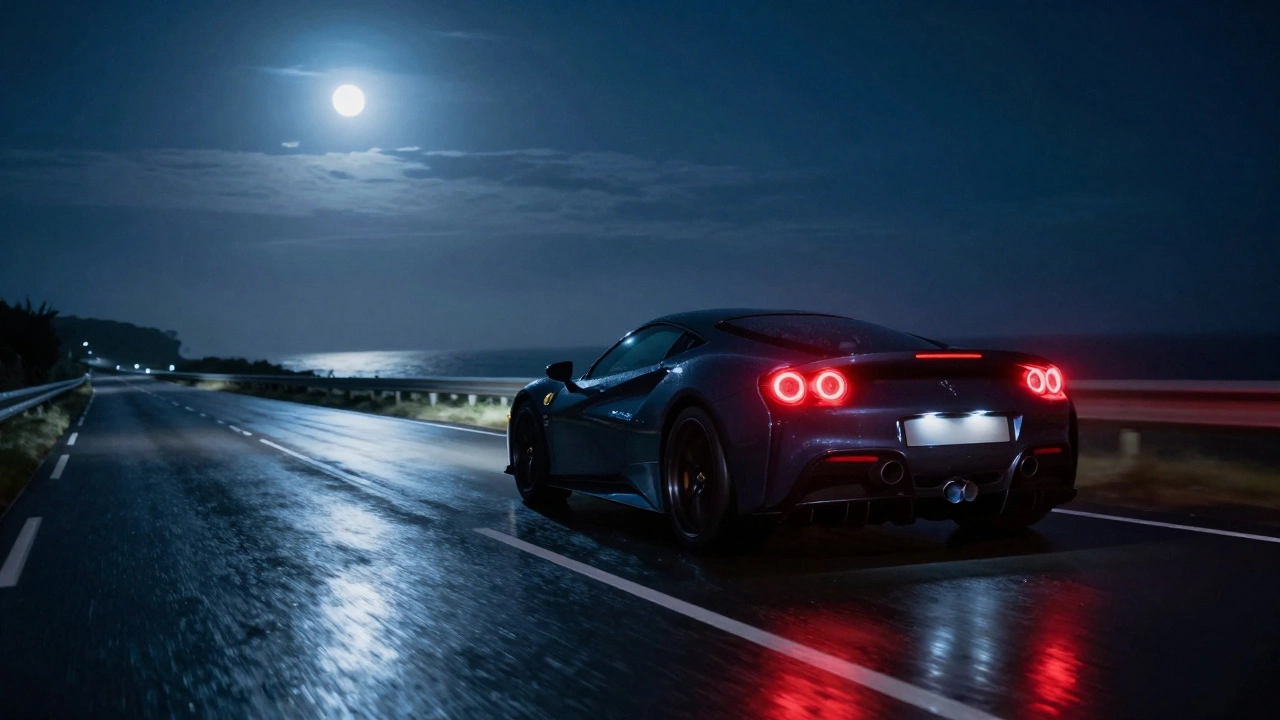 Sports car driving at night with glowing exhaust tips on wet road