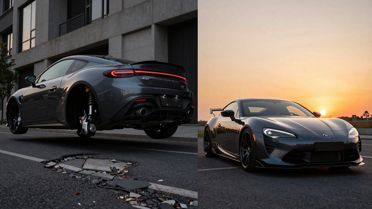 Sports car with air suspension shown raised for road hazards and lowered for style