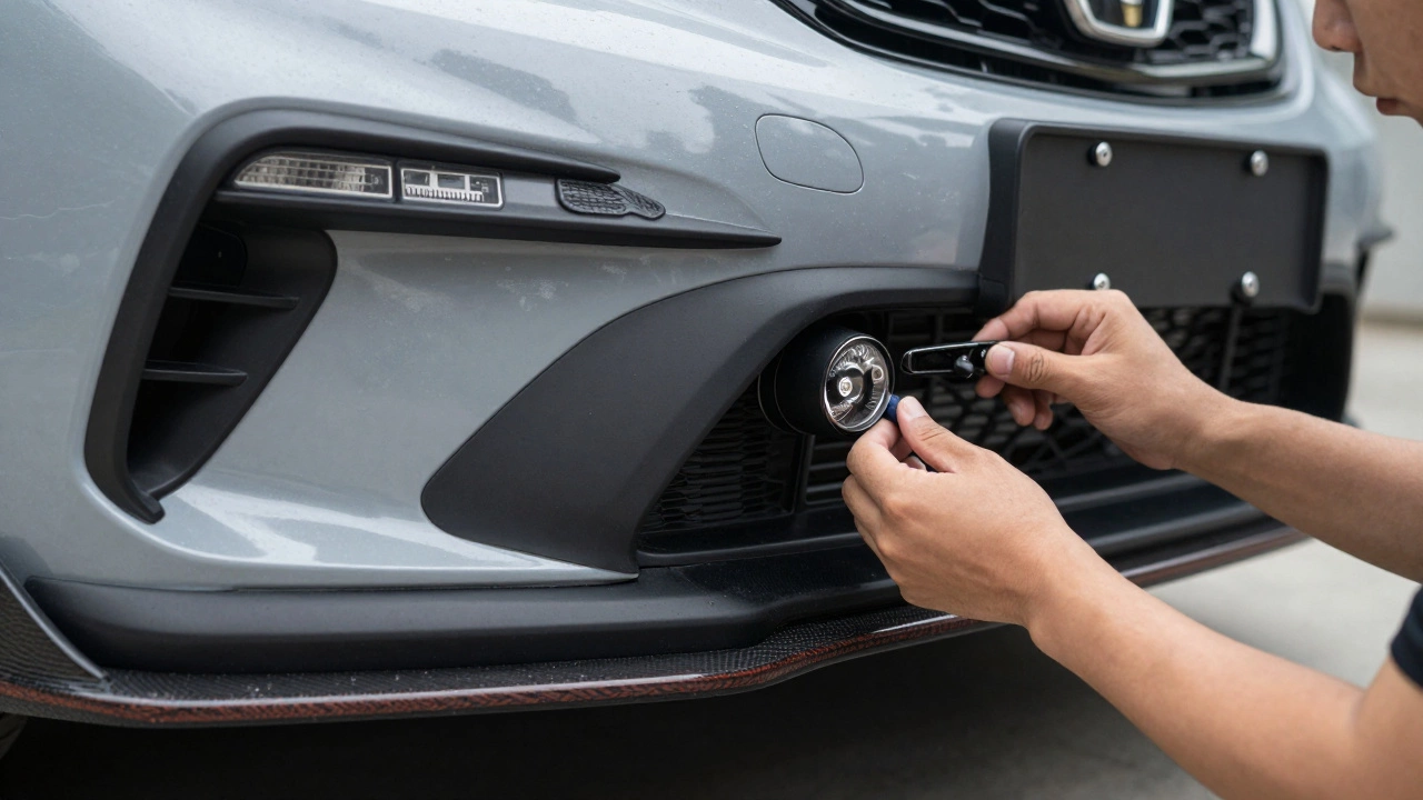 Technician aligning widebody bumper around factory sensors