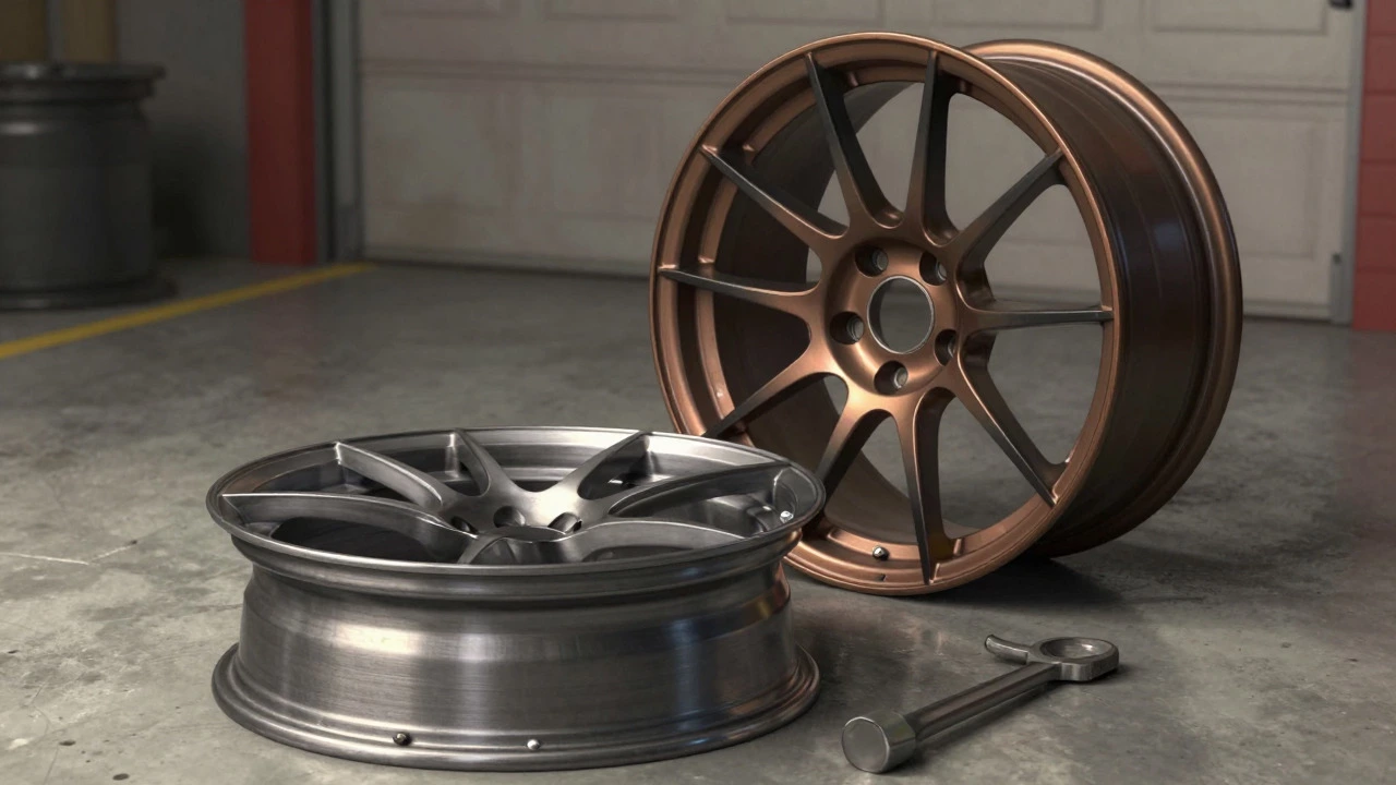 A bent steel rim and a polished alloy wheel displayed in a garage setting