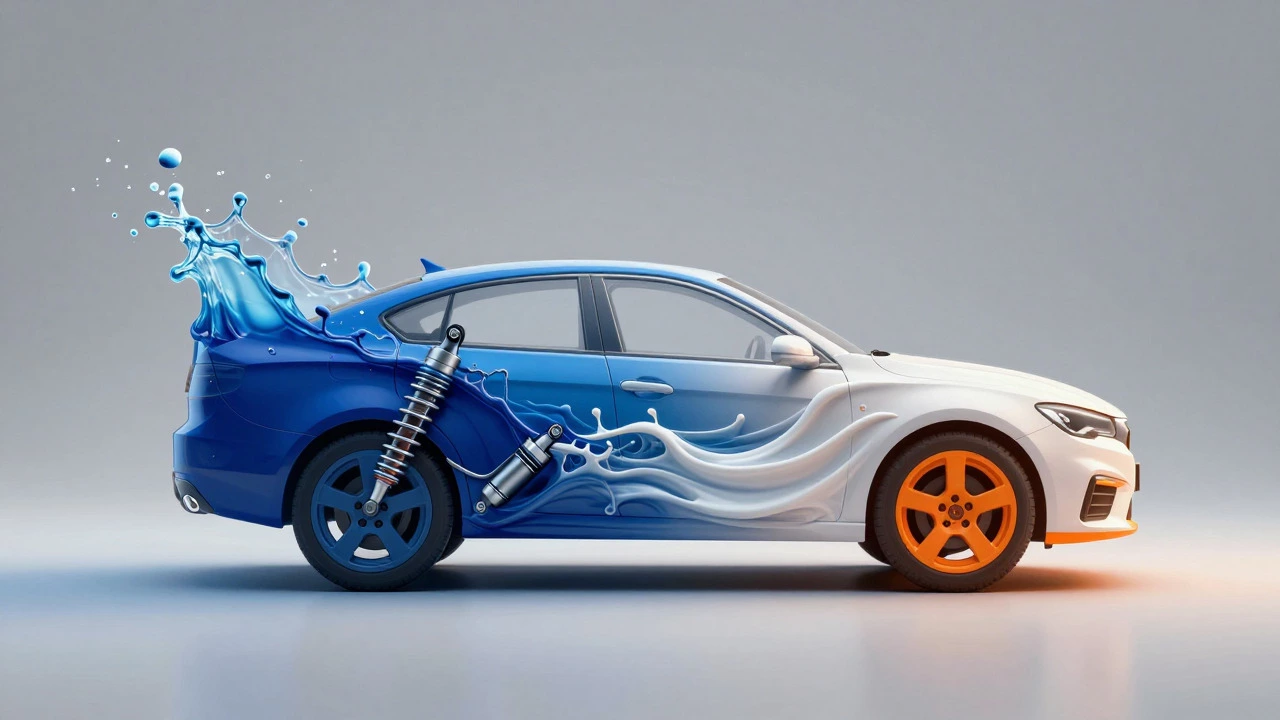 Abstract illustration comparing bouncy versus controlled car suspension movements