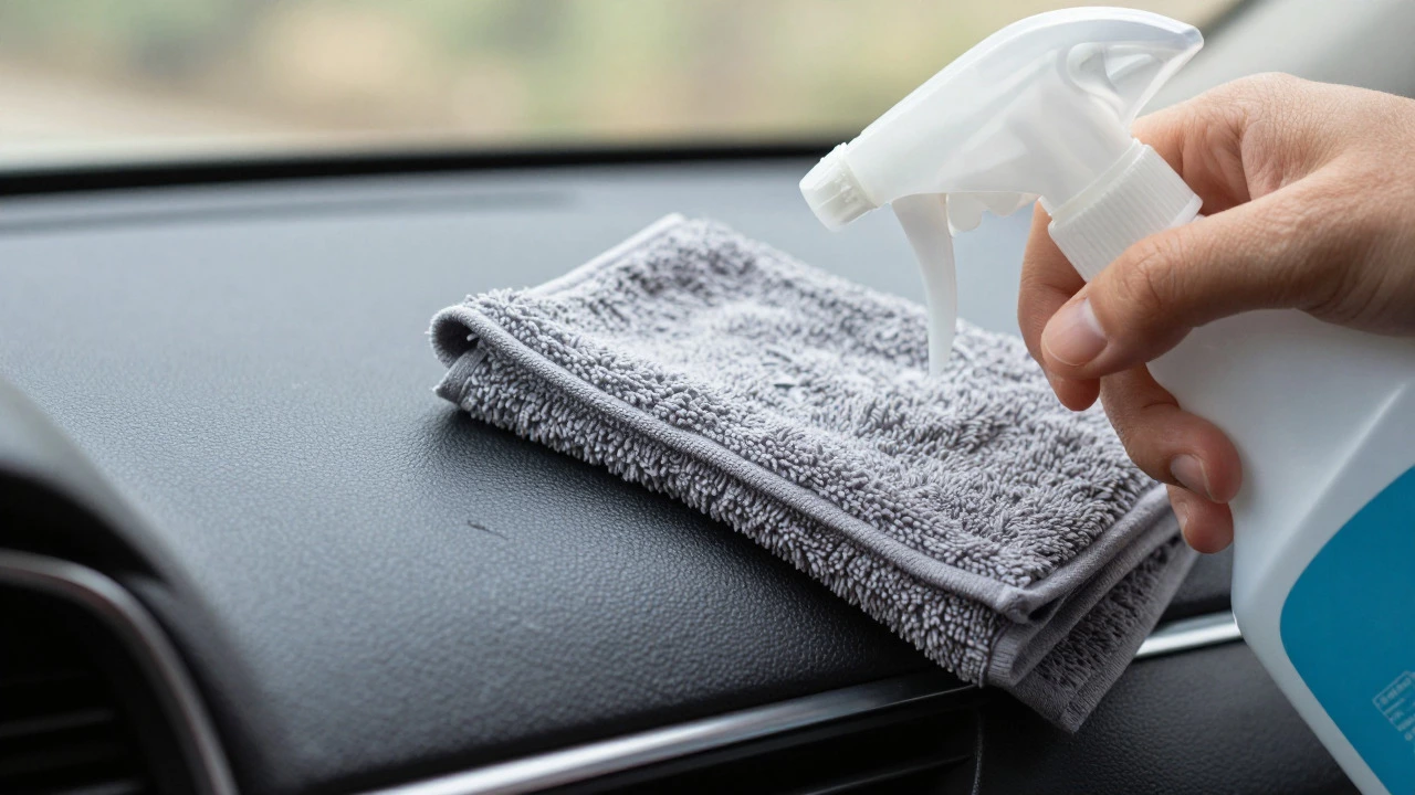 Cleaning car dashboard plastic with microfiber towel and spray