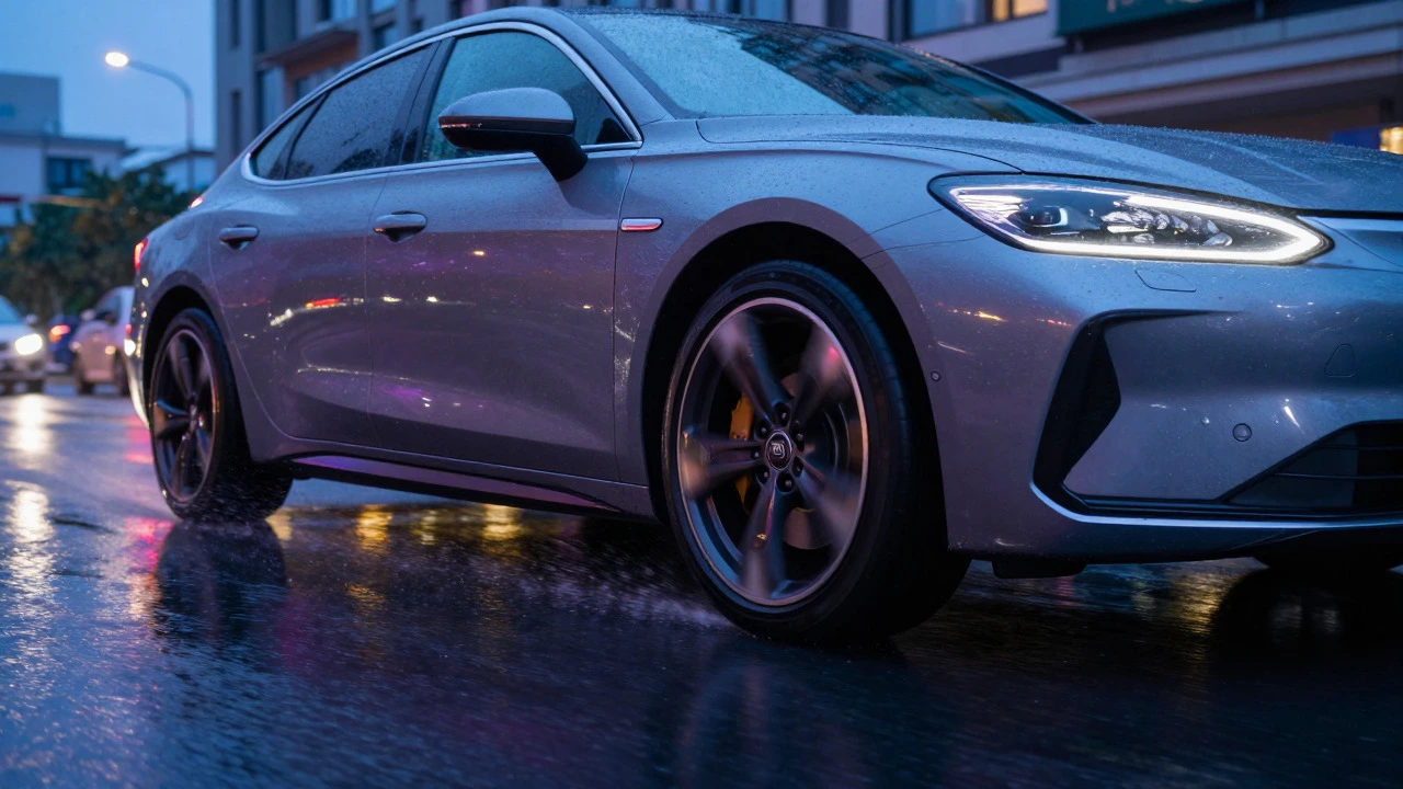 Close-up of a car's alloy wheels spinning on a wet city street at twilight