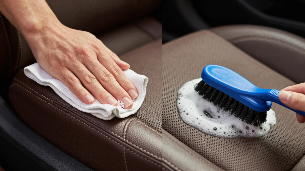 Close up of cleaning leather seams and fabric car seats