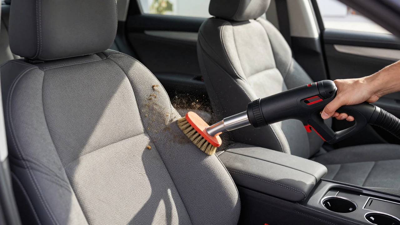 Close-up of hands using a brush and vacuum to deep clean fabric car seats.