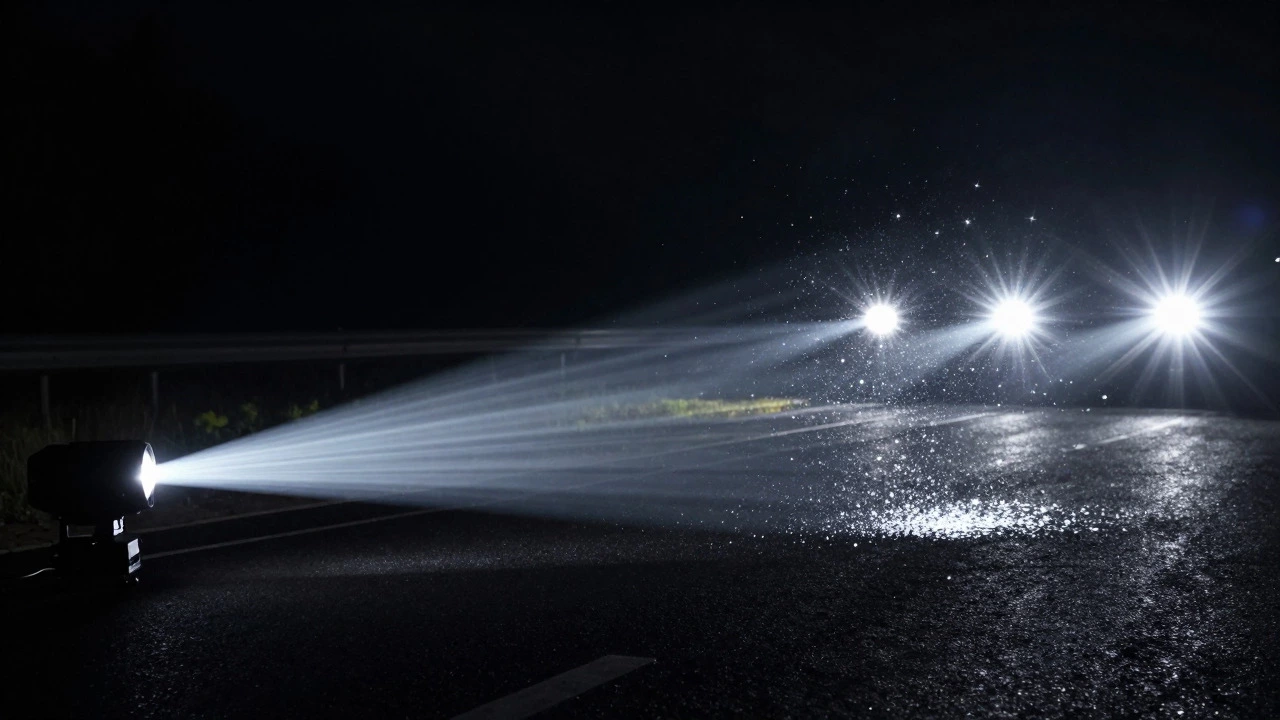 Comparison of sharp halogen beam vs scattered LED glare on road
