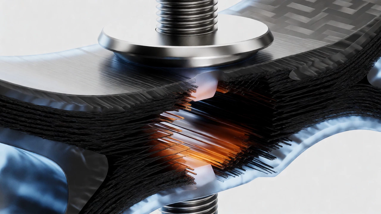 Cross-section of a carbon fiber mounting bracket showing frayed fibers and stress at a drilled hole.