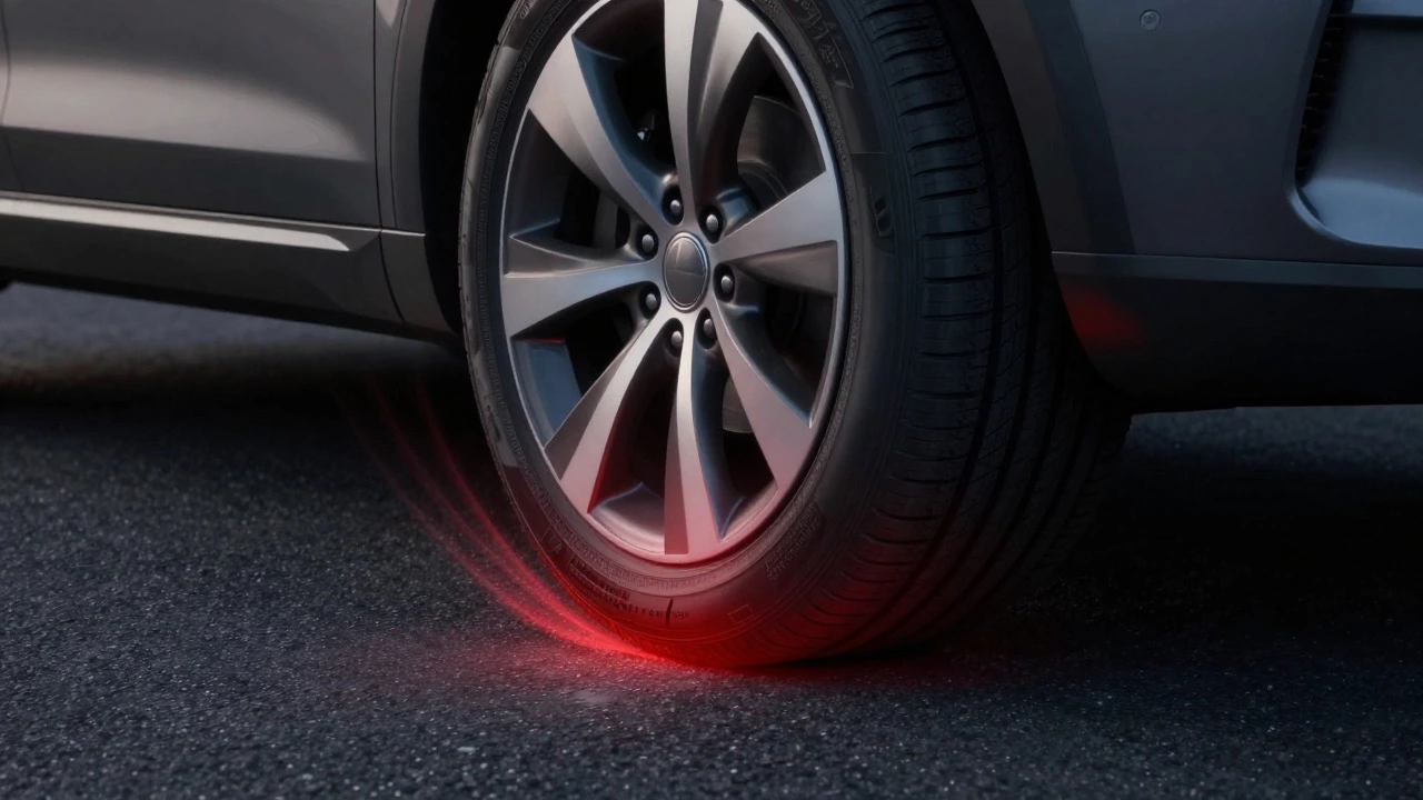 Cross-section of a tire showing heat and friction at the road contact patch.