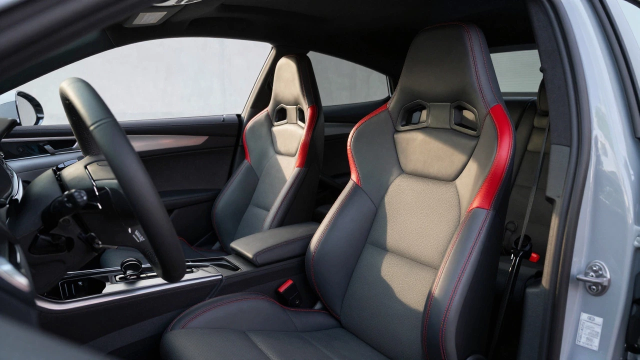 Custom red-stitched racing seat installed in a car