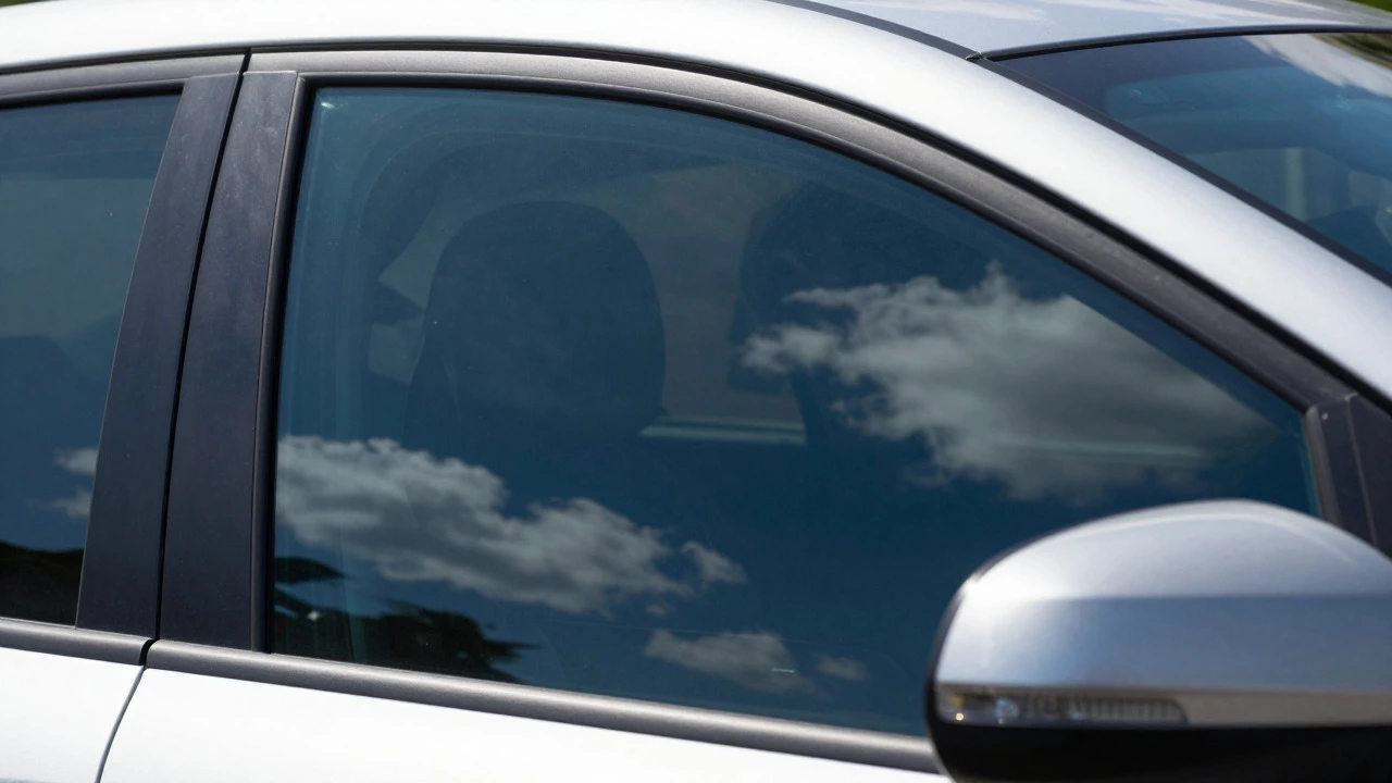 Daytime view of a car window with 20% tint acting as a mirror reflecting the sky
