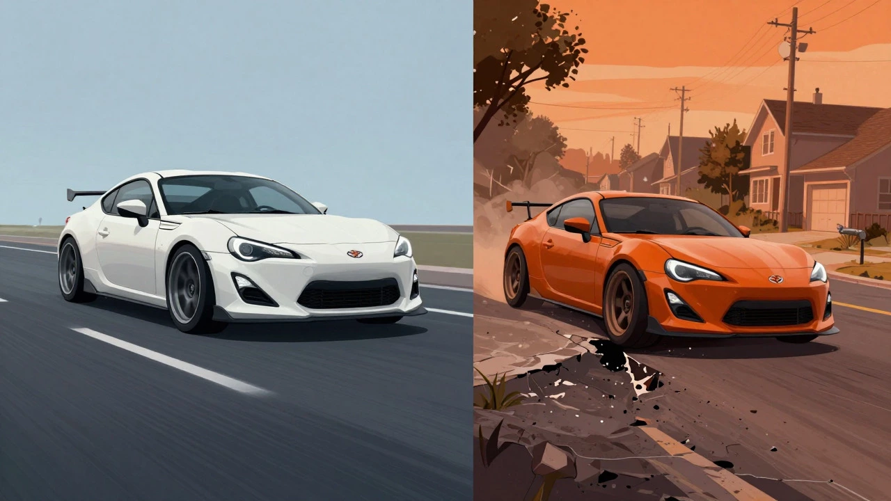 Illustration contrasting smooth highway driving with rough streets for lowered cars