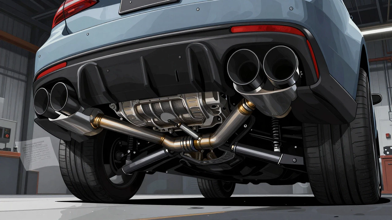 Illustration of car exhaust system with ghostly regulatory document overlays