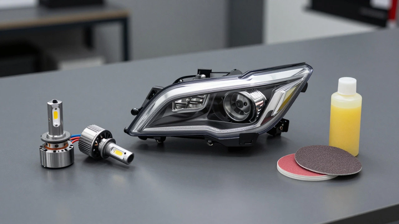 LED assembly, loose bulbs, and restoration kit on workbench
