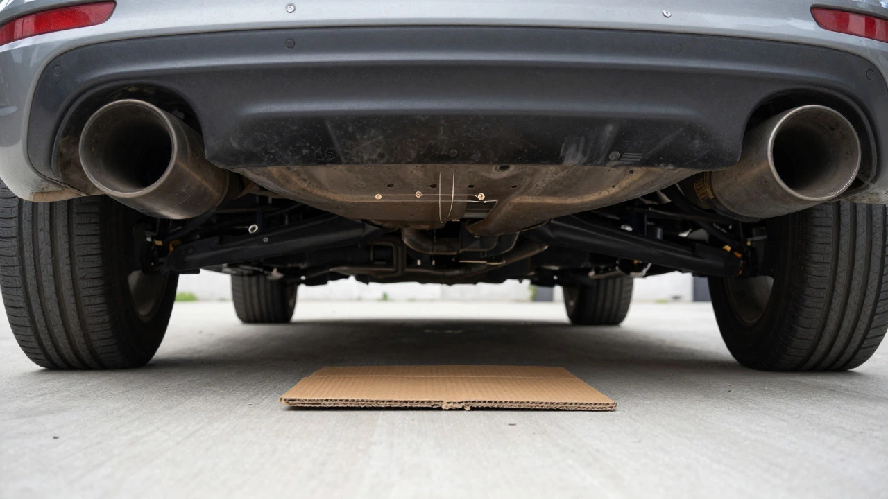 Low-angle view of car undercarriage clearance with cardboard test underneath