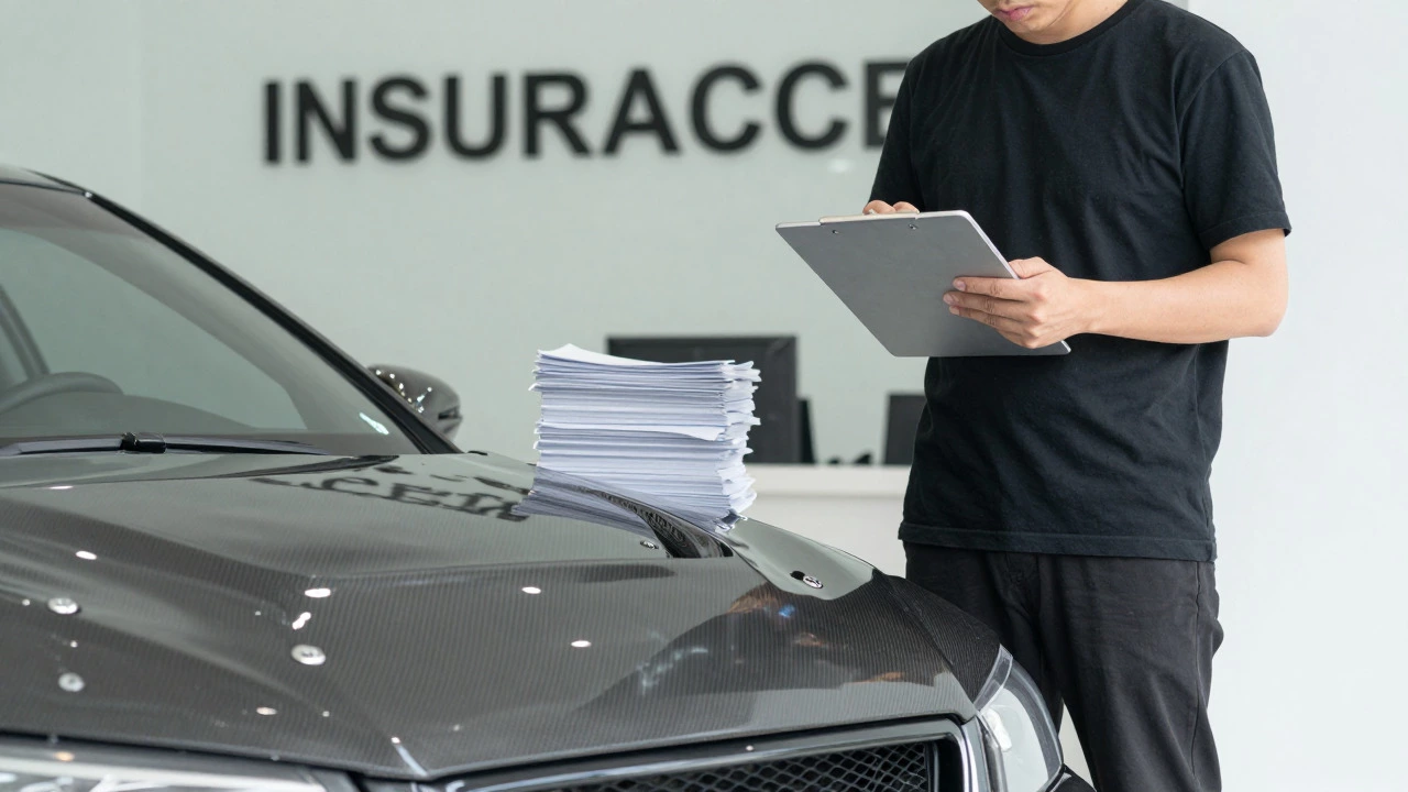 Person inspecting modified car in office setting with clipboard