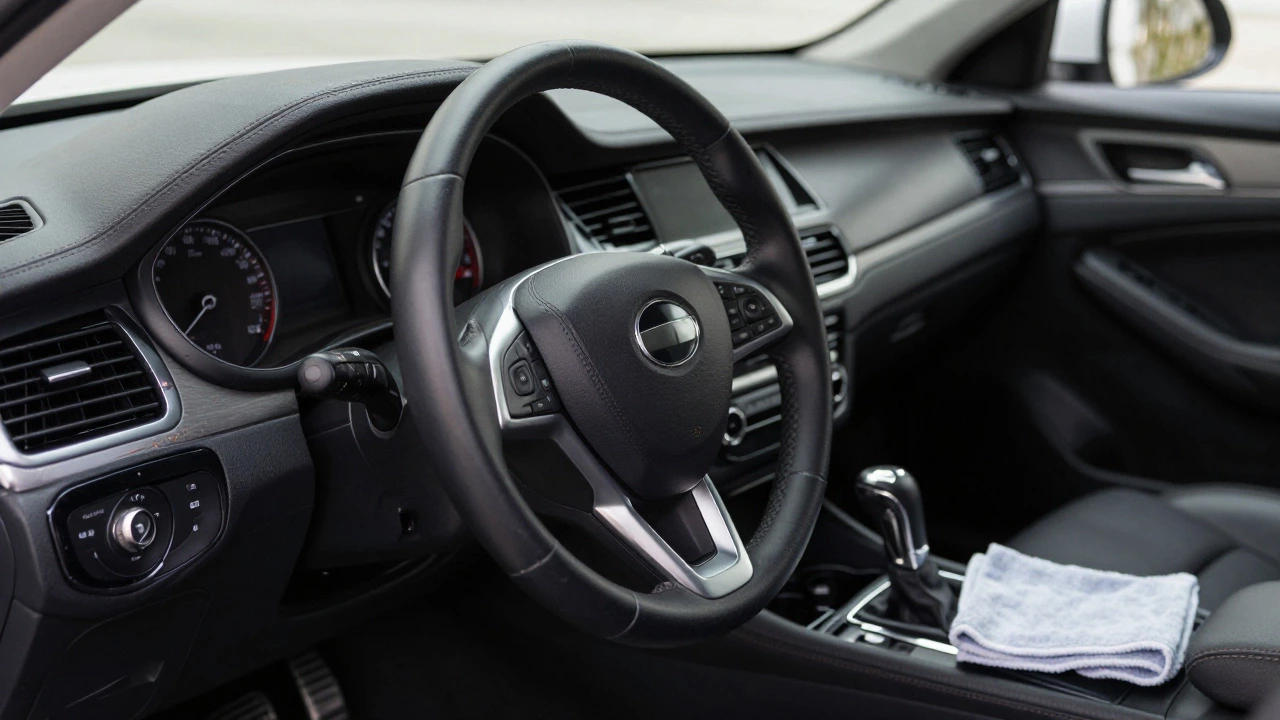 Pristine car interior with matte dashboard and conditioned leather seats after detailing.