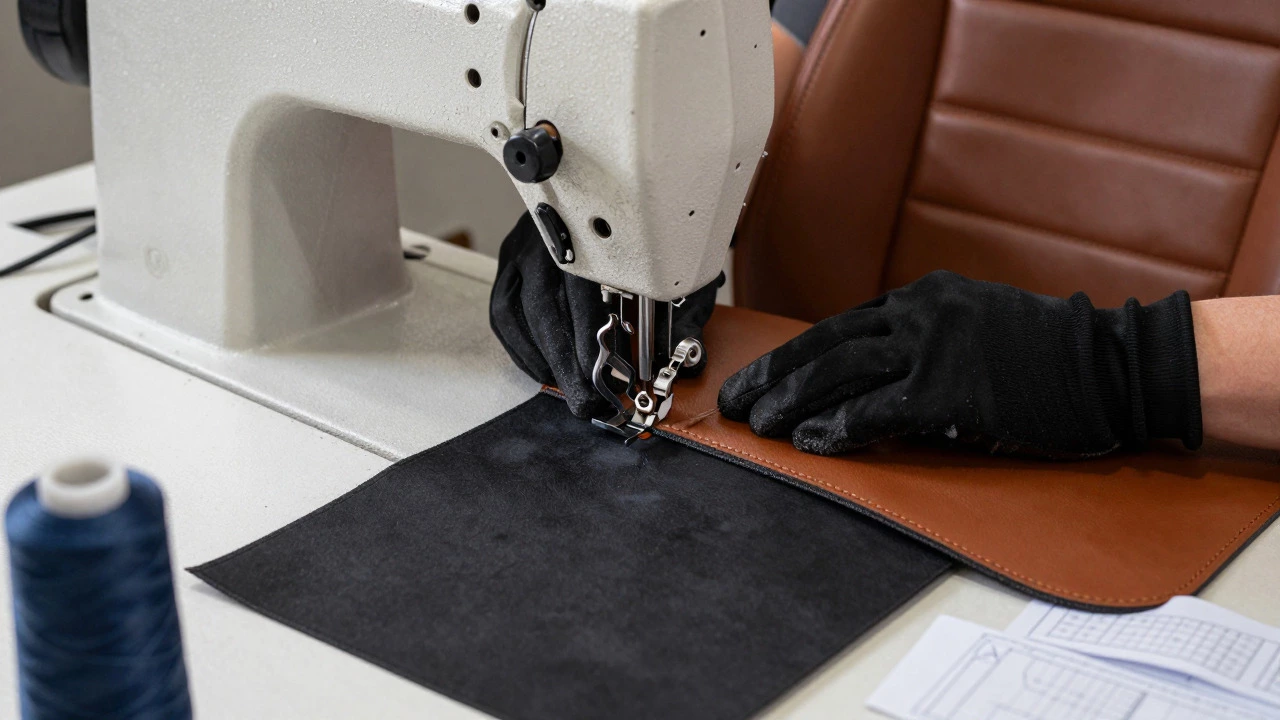 Sewing machine stitching custom leather car seat covers