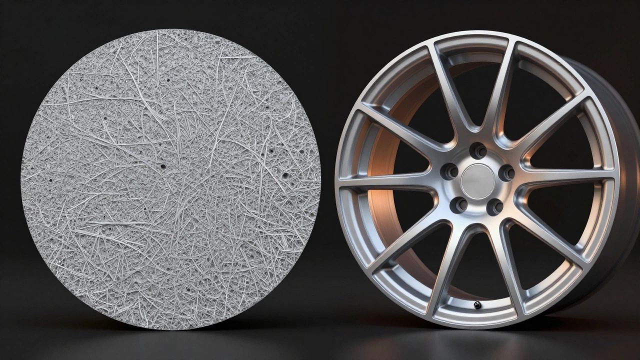 Side-by-side artistic comparison of porous cast aluminum and dense forged aluminum grain structures
