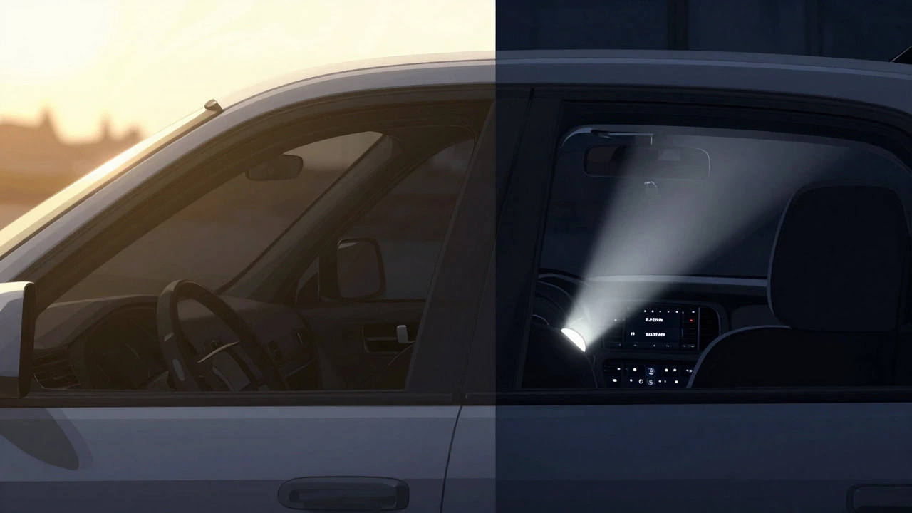 Split image comparing daytime opacity and nighttime visibility through dark car tint