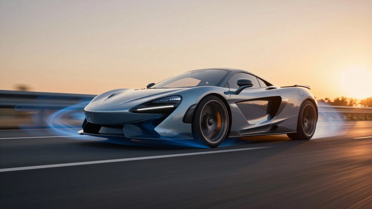 Sports car on highway with visual airflow lines showing aerodynamic drag.
