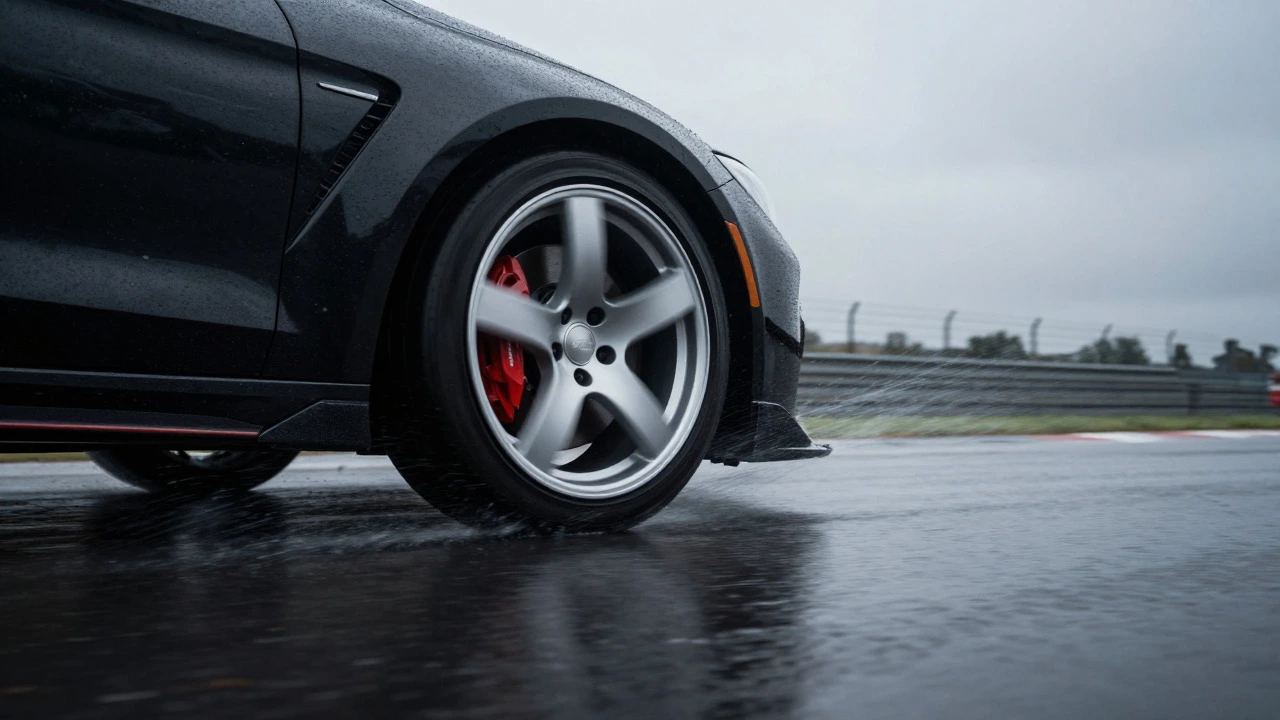 Sports car taking a corner on a wet track with focus on the alloy wheel