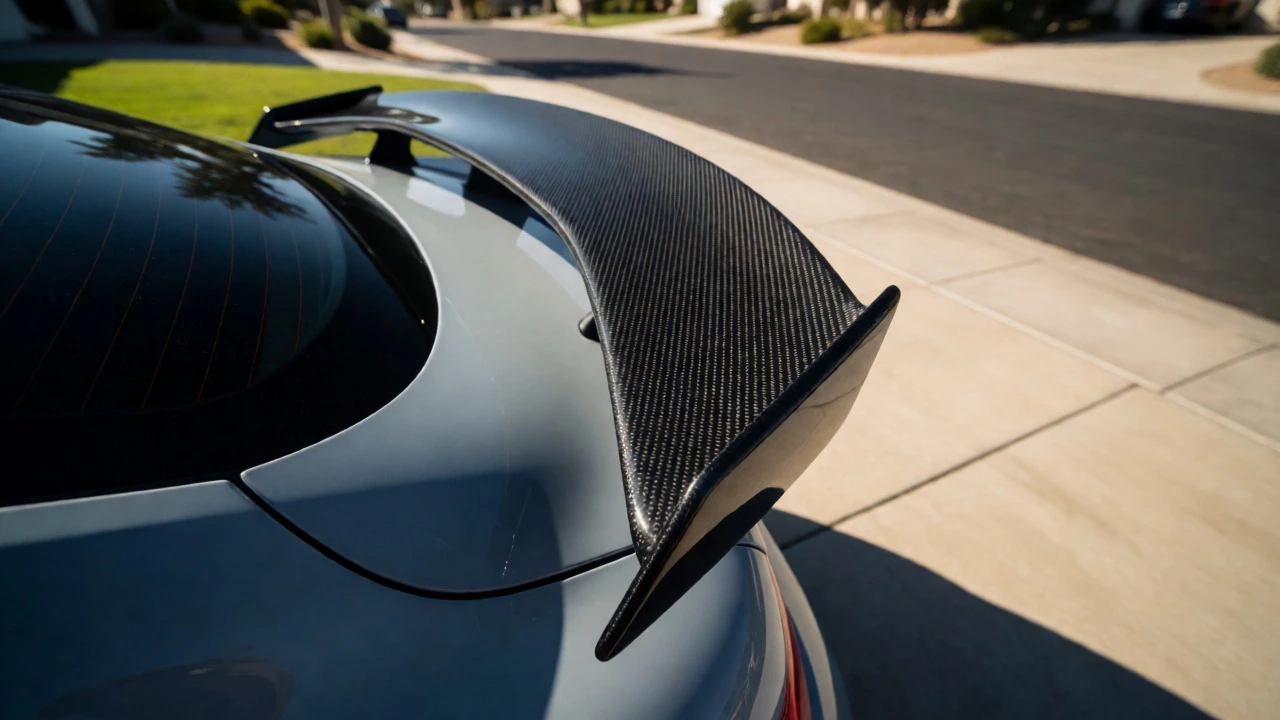 Weathered carbon fiber GT wing with yellowed, chalky clear coat due to UV exposure and heat.