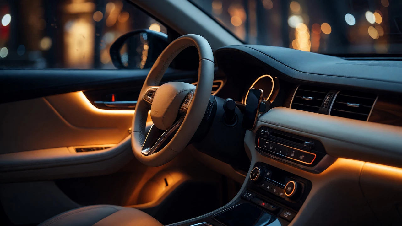 Car interior at night with warm amber ambient LED lighting