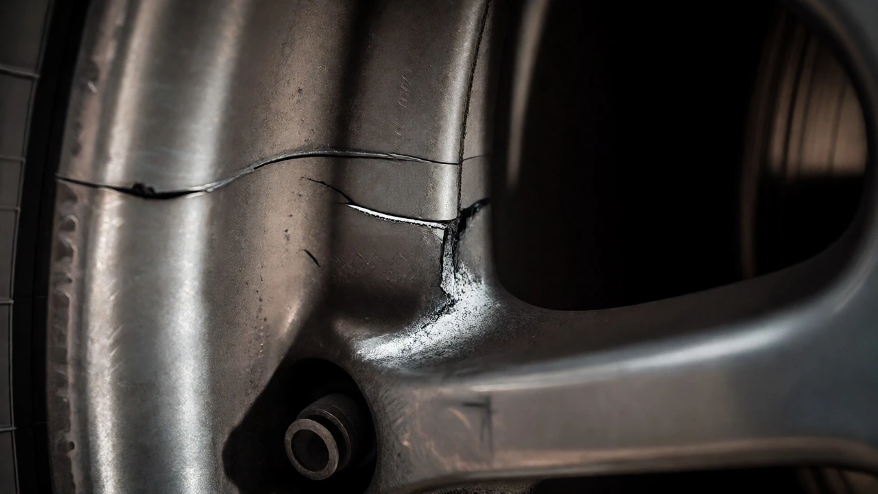 Close-up of cracked and corroded alloy wheel