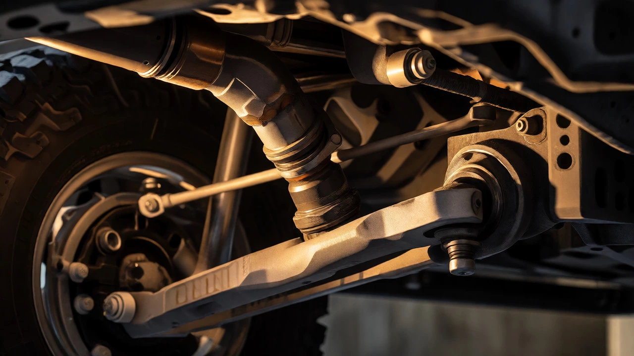 Close-up of lifted truck undercarriage showing CV joints and suspension