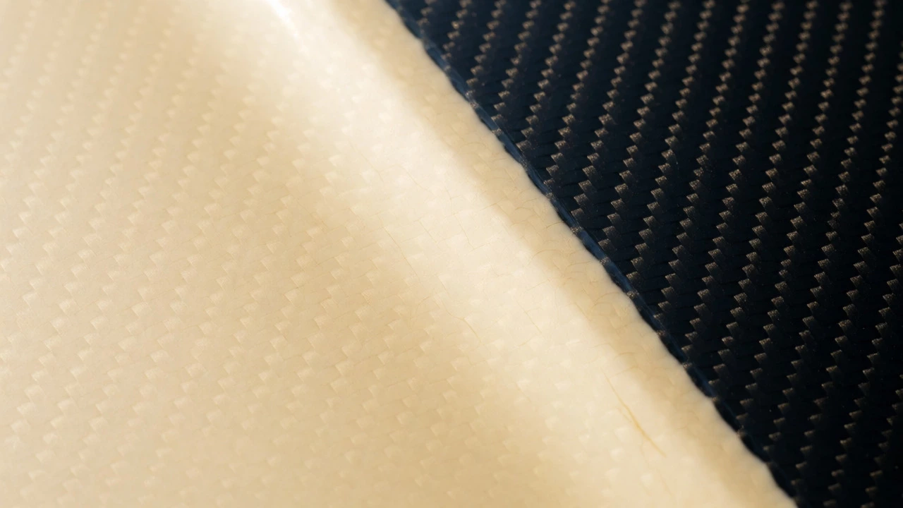 Close-up of UV-damaged carbon fiber with yellowed clear coat
