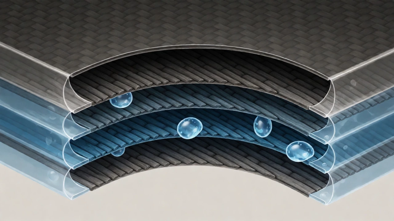 Cross-section of carbon fiber showing moisture-induced delamination