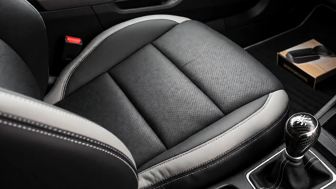 Custom two-tone leather seat cover and metal gear knob detail