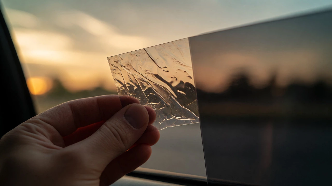Hand holding a sample of 35% window tint against a car window at dusk.