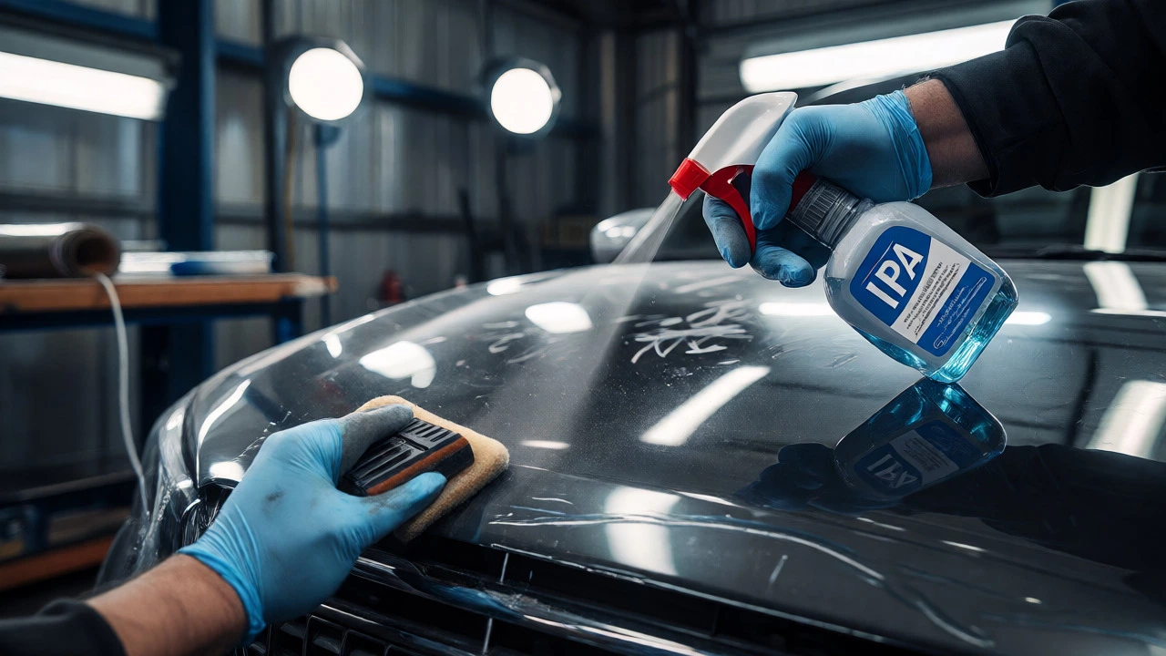 Installer sanding and cleaning car hood before wrapping
