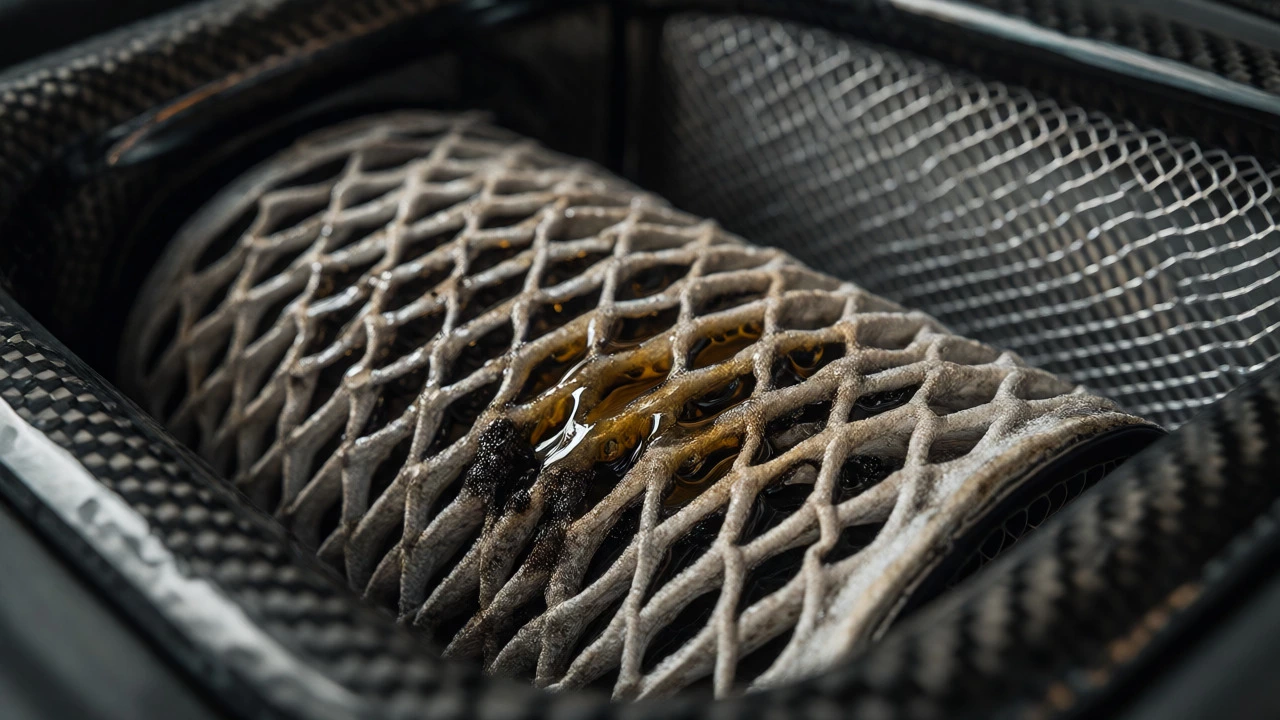 Macro shot of a dirty, oily cotton gauze air filter next to a clean synthetic filter in a carbon fiber housing.
