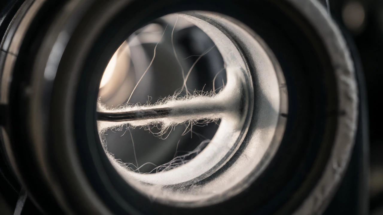 Macro shot of a MAF sensor hot wire contaminated by cotton fibers from a dry air filter.