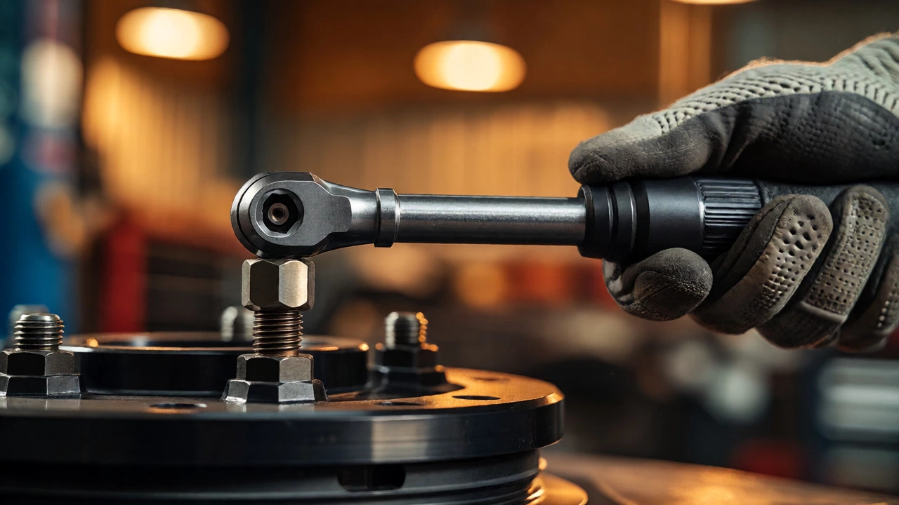 Mechanic tightening a wheel bolt with a torque wrench on a black wheel spacer in a garage.
