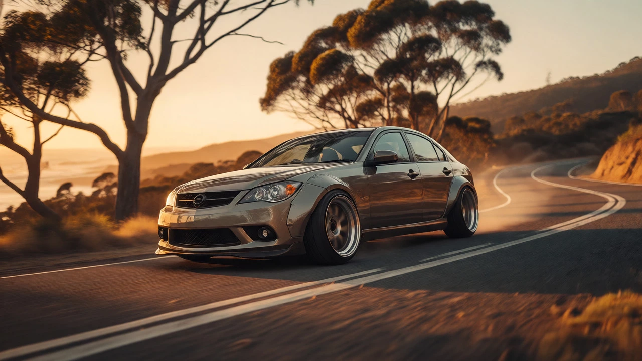Modified sports car with a wide stance driving on a winding coastal road at sunset.