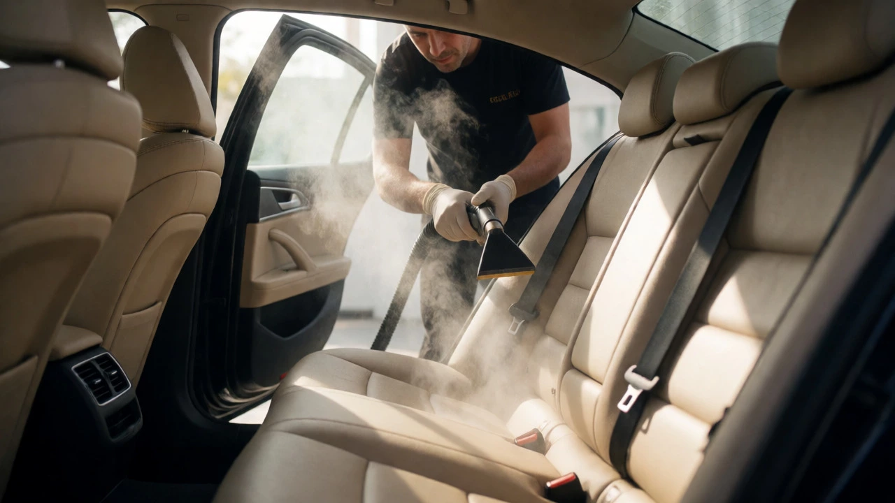 Professional detailer steam cleaning leather car seats with visible steam
