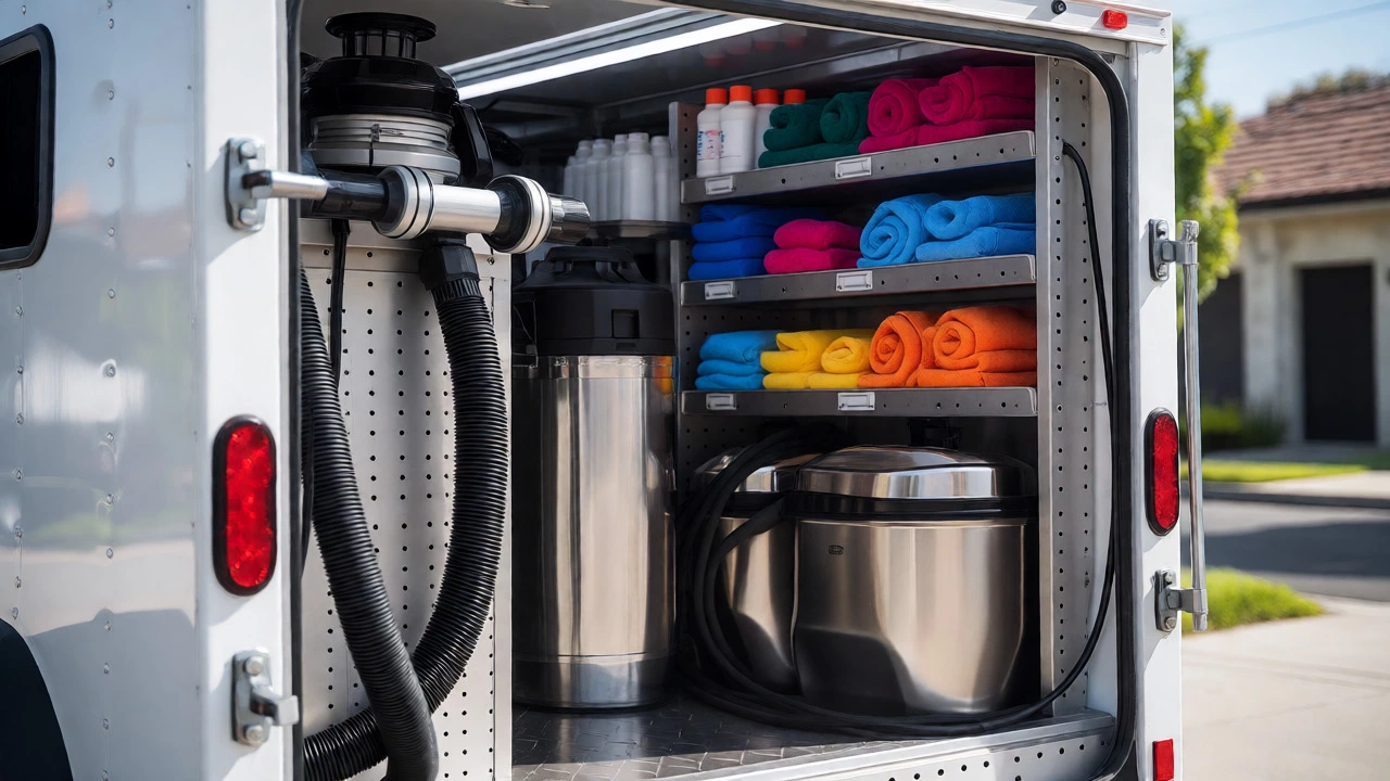 Professional detailing gear organized inside a mobile work van