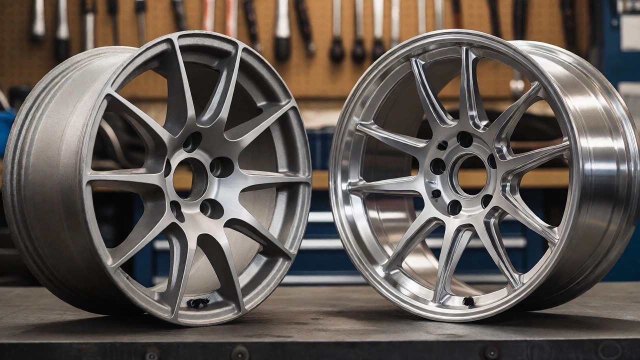 Side-by-side comparison of cast and forged alloy wheels