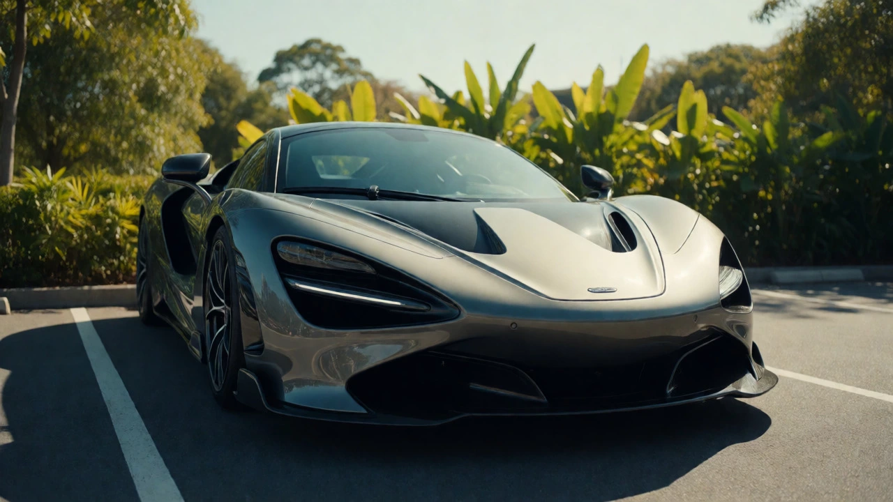Supercar with complex curves parked in sunny outdoor lot