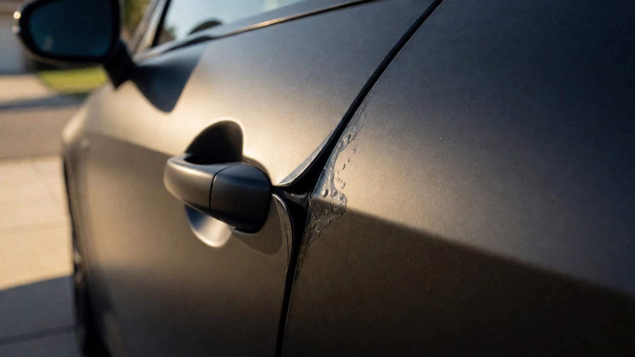 Vinyl wrap lifting from damaged paint on a car door