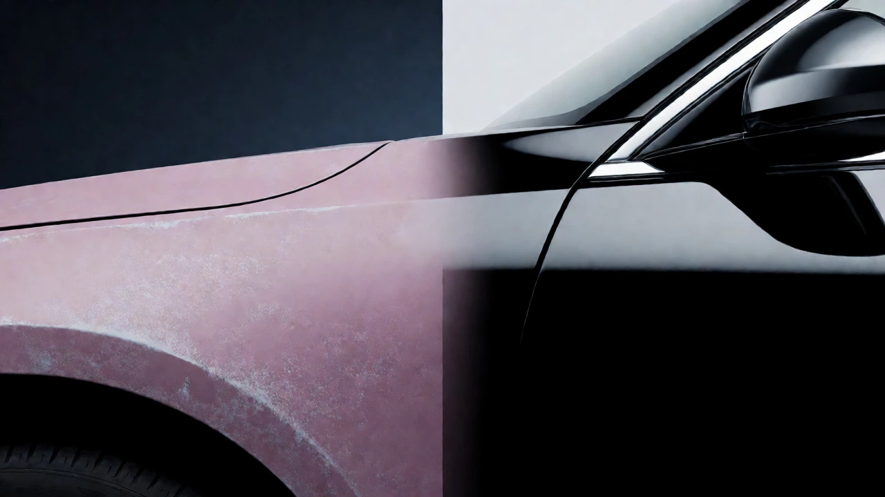 Visual comparison of oxidized pink paint versus glossy black protected paint