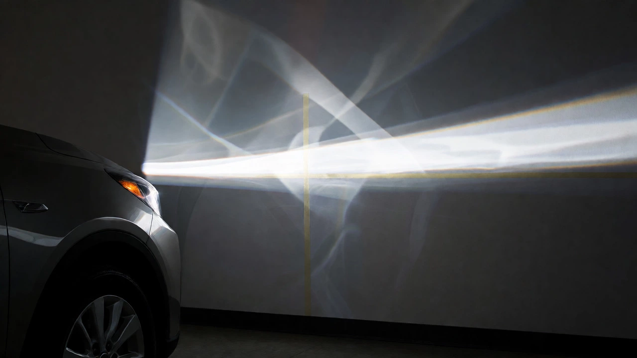 Car headlights aligned against a wall with masking tape marking the correct beam height.