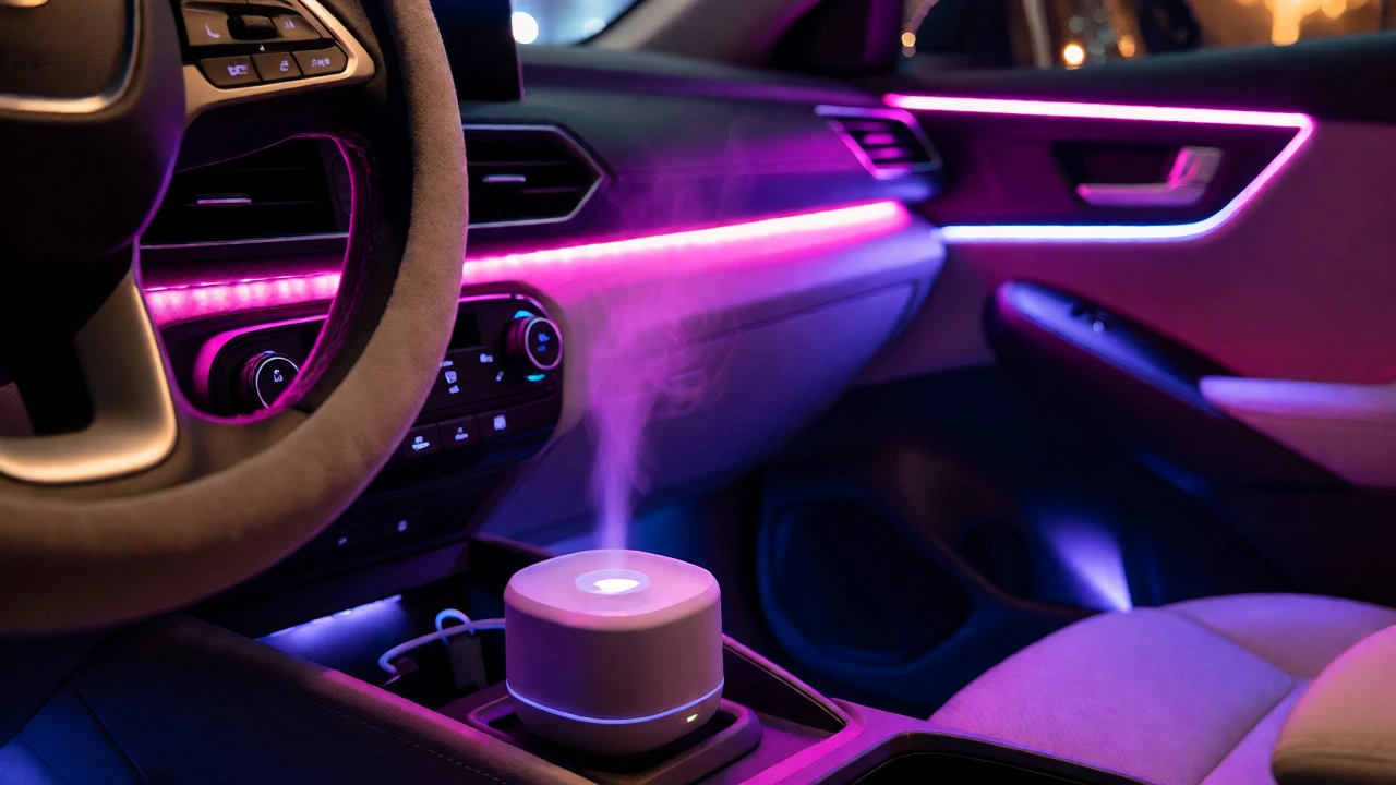 Car interior at night with pink and purple ambient LED lighting and a diffuser